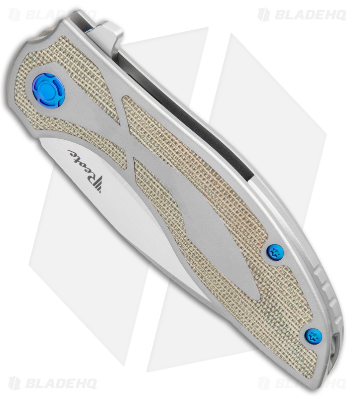 Reate Iron Frame Lock Flipper Knife Green  Micarta/Blue (3.25" Satin)