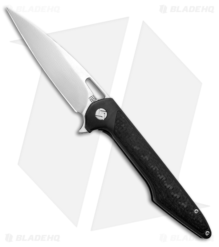 Artisan Cutlery Archaeo Frame Lock Flipper Knife Black Ti/CF (3.75" Damascus)