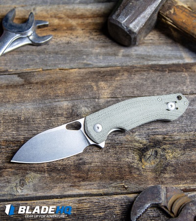 GiantMouse Vox/Anso ACE Biblio Flipper Knife Green Micarta (2.9" Stonewash M390)