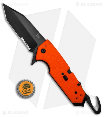 HK Karma Tanto First Response Tool Flipper Knife Orange G-10 (3.75" Black Serr)