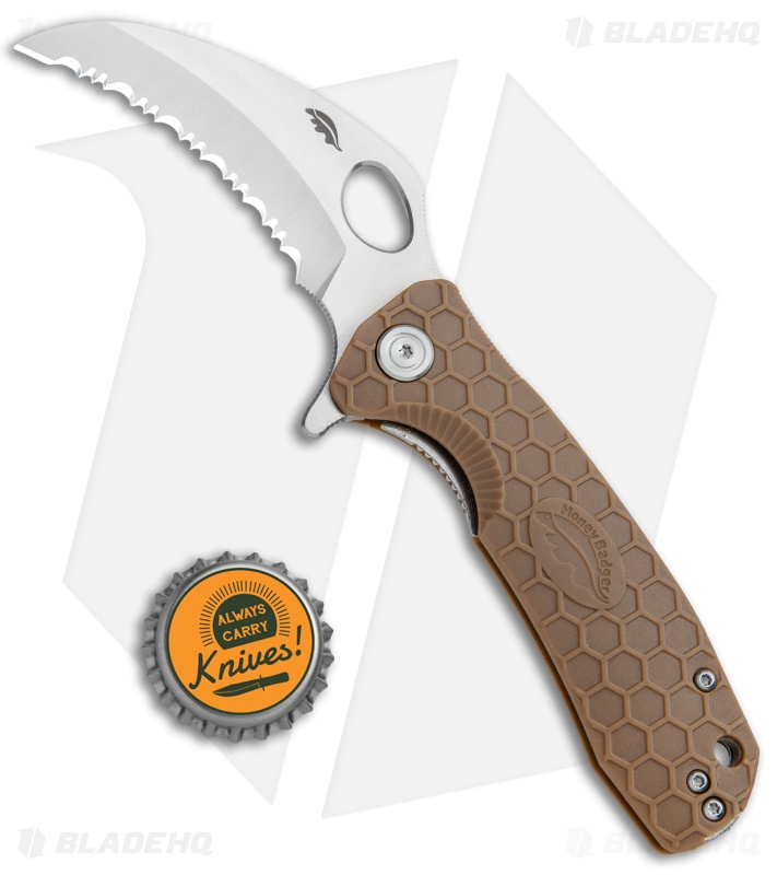 Honey Badger Medium Flipper Hawkbill Knife Tan FRN Serr Blade HQ