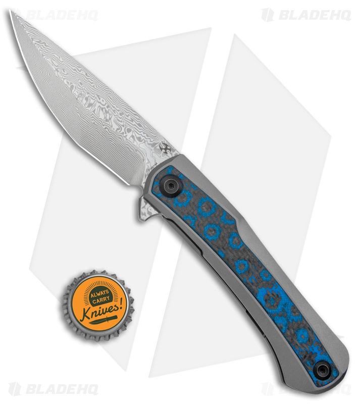 Kansept Knives Kratos Frame Lock Knife Blue Fat Carbon Fiber/Ti (3.75" Damascus)