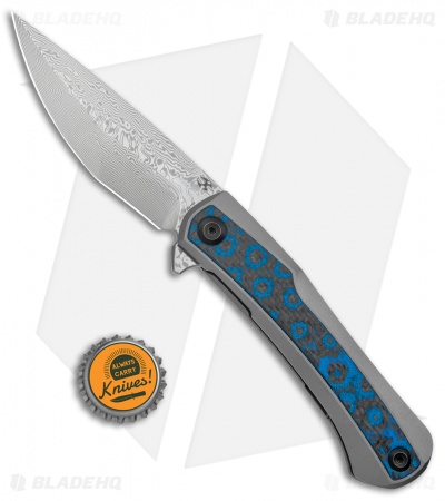 Kansept Knives Kratos Frame Lock Knife Blue Fat Carbon Fiber/Ti (3.75" Damascus)