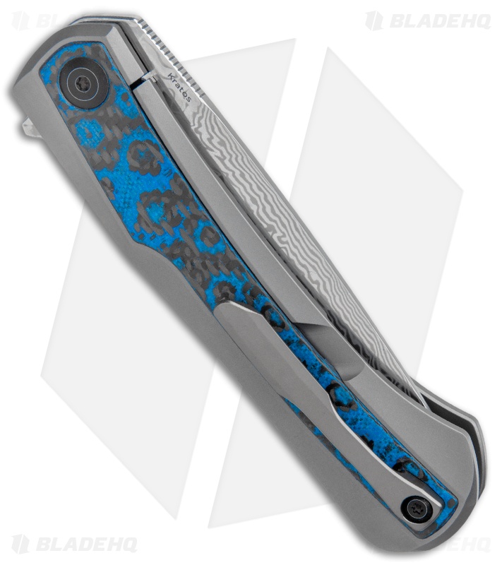 Kansept Knives Kratos Frame Lock Knife Blue Fat Carbon Fiber/Ti (3.75" Damascus)