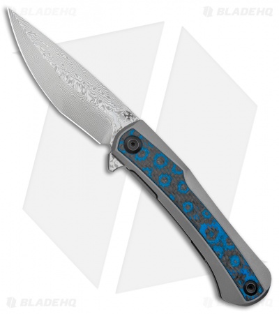 Kansept Knives Kratos Frame Lock Knife Blue Fat Carbon Fiber/Ti (3.75" Damascus)