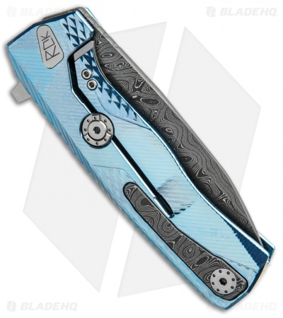 LionSteel ROK Integral Frame Lock Knife Blue Titanium (3.4" Damascus) 
