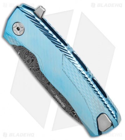 LionSteel ROK Integral Frame Lock Knife Blue Titanium (3.4" Damascus) 