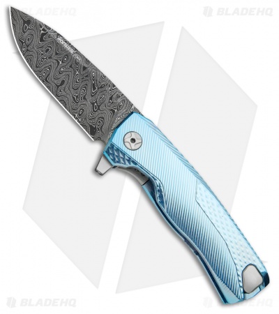 LionSteel ROK Integral Frame Lock Knife Blue Titanium (3.4" Damascus) 