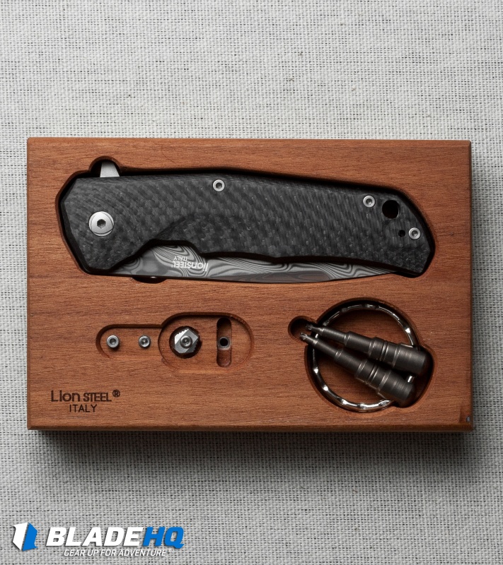 LionSteel Three Rapid Exchange Flipper Knife Carbon Fiber (2.8" Damascus) TREDT
