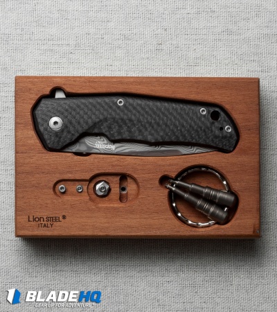 LionSteel Three Rapid Exchange Flipper Knife Carbon Fiber (2.8" Damascus) TREDT