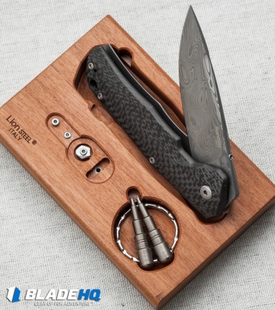 LionSteel Three Rapid Exchange Flipper Knife Carbon Fiber (2.8" Damascus) TREDT