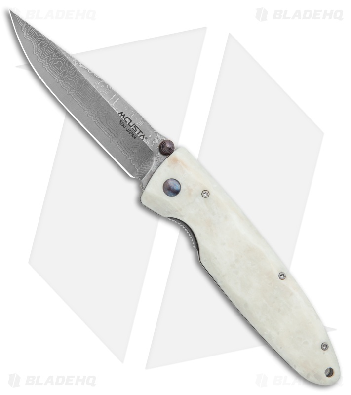 Mcusta Classic Wave Clip Point Liner Lock Knife White Corian (3.4" Damascus) 