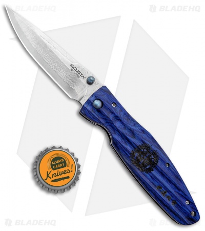 Mcusta Date Masamune Liner Lock Knife Blue Pakkawood (3.63" Damascus) MC-0186D