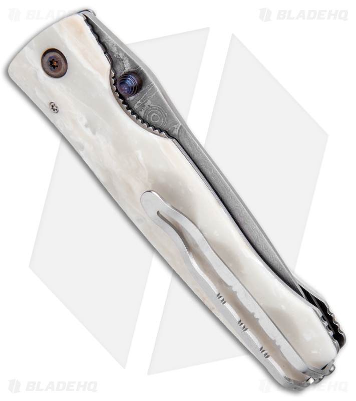 Mcusta Elite Drop Point Liner Lock Knife White Corian (3.625" Damascus) 