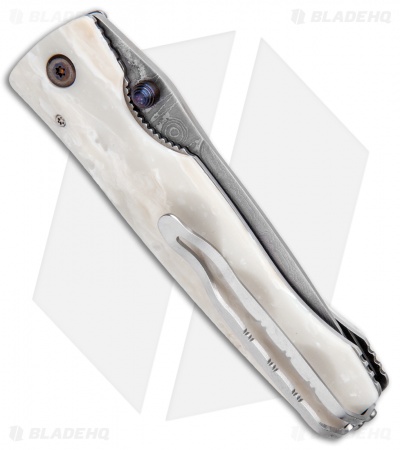 Mcusta Elite Drop Point Liner Lock Knife White Corian (3.625" Damascus) 