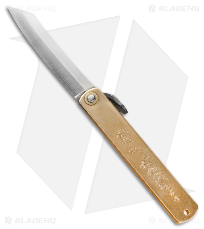 Nagao Higonokami Damascus Friction Folder Brass (3.75" Aogami) HIGO 17