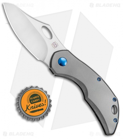 Olamic Cutlery Busker Semper Frame Lock Knife Blasted Ti w/ Blue HW (2.5" Satin)