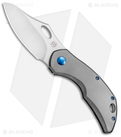 Olamic Cutlery Busker Semper Frame Lock Knife Blasted Ti w/ Blue HW (2.5" Satin)