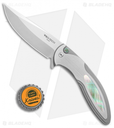 Pro-Tech Custom Cambria Flipper Knife SS w/ Black Lip Pearl Inlay (3.5" Satin) 