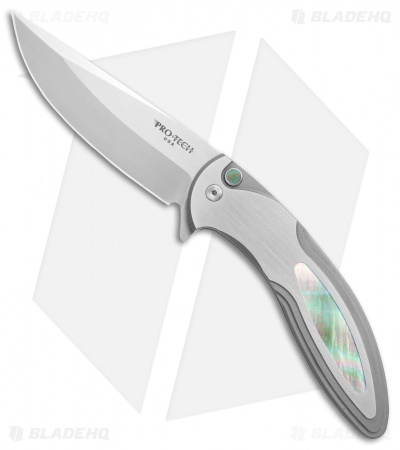 Pro-Tech Custom Cambria Flipper Knife SS w/ Black Lip Pearl Inlay (3.5" Satin) 