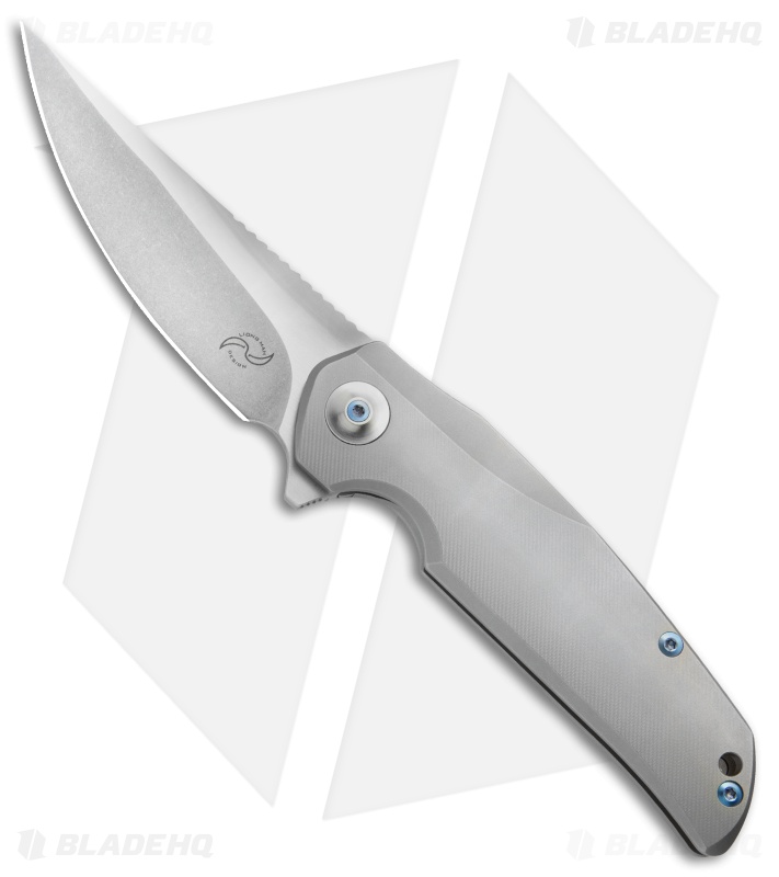 Liong Mah Design Tempest Flipper Knife Ti w/ Blue Hardware (3.75" Stonewash)