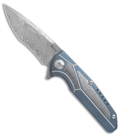 Reate K-4 Frame Lock Flipper Knife Blue Ti/Damascus (3.75" Damasteel)