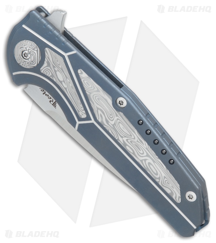 Reate K4 Frame Lock Flipper Knife Blue Ti/Damascus (3.75" Satin