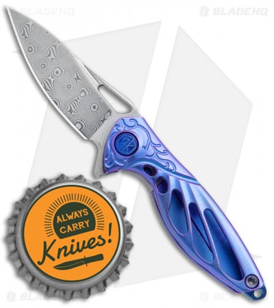 Rike Knife Hummingbird Mini Flipper Knife Blue Titanium (1.5" Damascus)