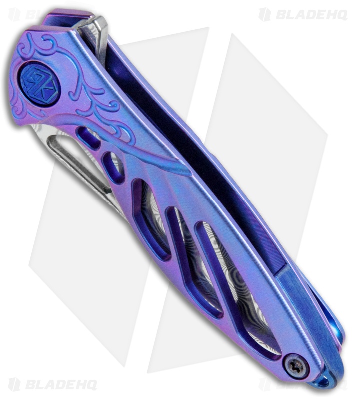 Rike Knife Hummingbird Mini Flipper Knife Blue Titanium (1.5" Damascus)