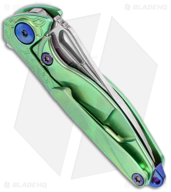 Rike Knife Hummingbird Mini Flipper Knife Green Titanium (1.5" Damascus)