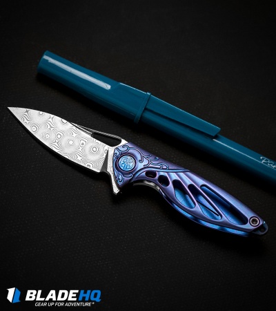 Rike Knife Hummingbird Mini Flipper Knife Blue Titanium (1.5" Damascus)