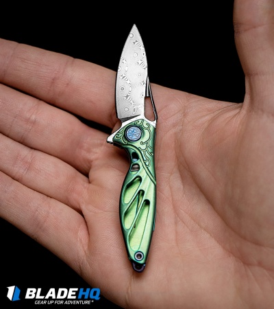 Rike Knife Hummingbird Mini Flipper Knife Green Titanium (1.5" Damascus)