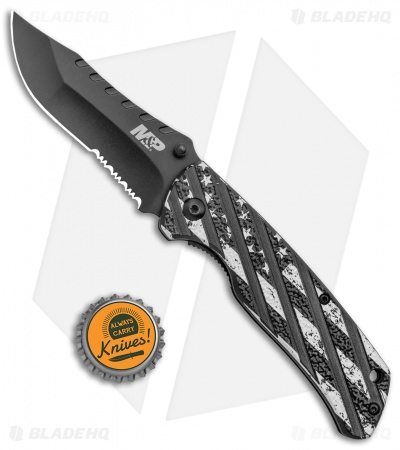 M&P American Patriot Folder Knife Black US Flag/Barbed Wire (3.25" Black Serr)