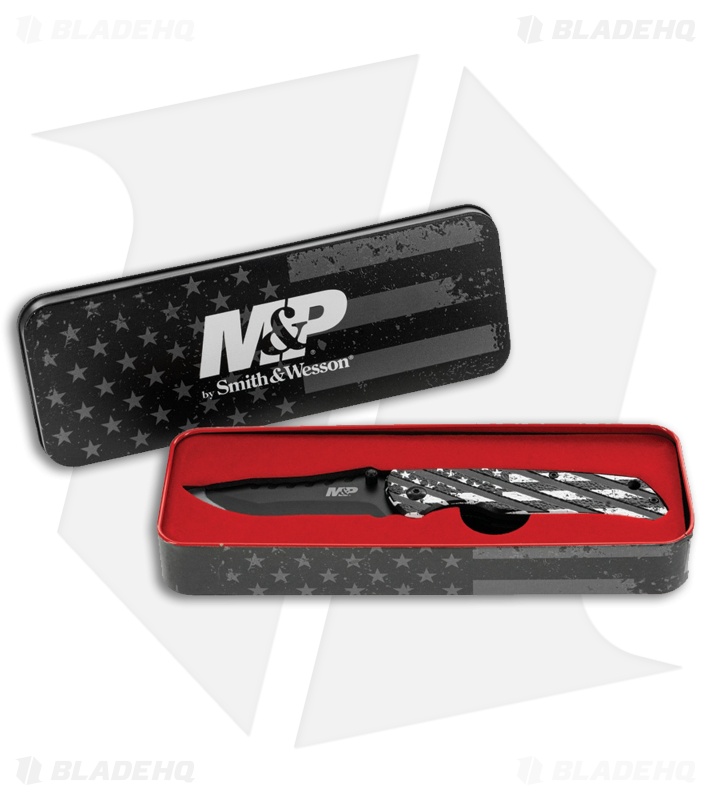 M&P American Patriot Folder Knife Black US Flag/Barbed Wire (3.25" Black Serr)