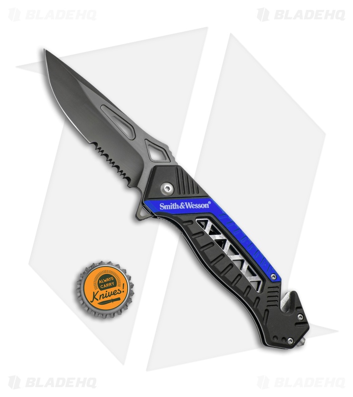 Smith & Wesson Rescue Liner Lock Knife Black/Blue (3.5" Black Serr) SW608BLS