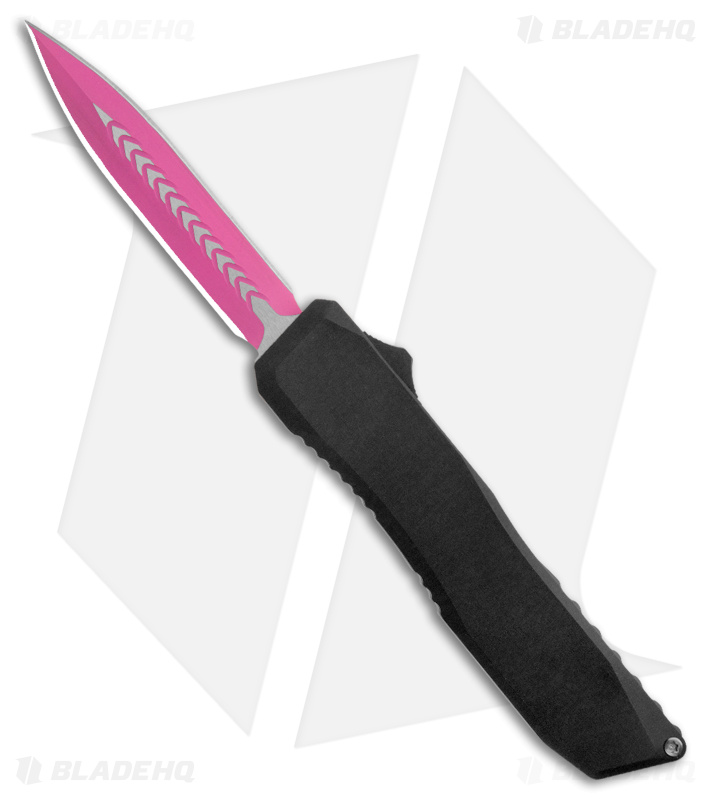 EOS Harpoon OTF Auto Dagger Knife Black Al/Ti (3.75" Pink/Satin 20CV)