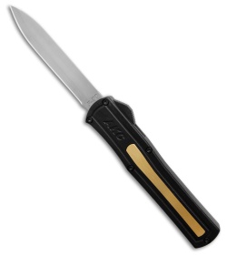 AKC World F-20 D/A Spear Point OTF Knife Black + Brass Inlay (3.6" Satin)