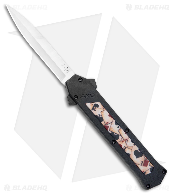 AKC F-16 Bayonet D/A OTF Automatic Knife Ace Playing Cards Inlay (3.3" Satin )