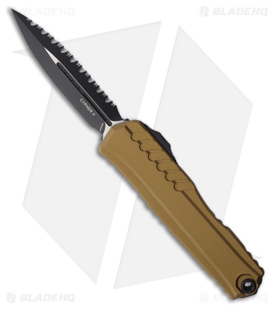 Microtech Cypher II D/E OTF Auto Knife Tan Aluminum (3.5" Two-Tone Full Serr)