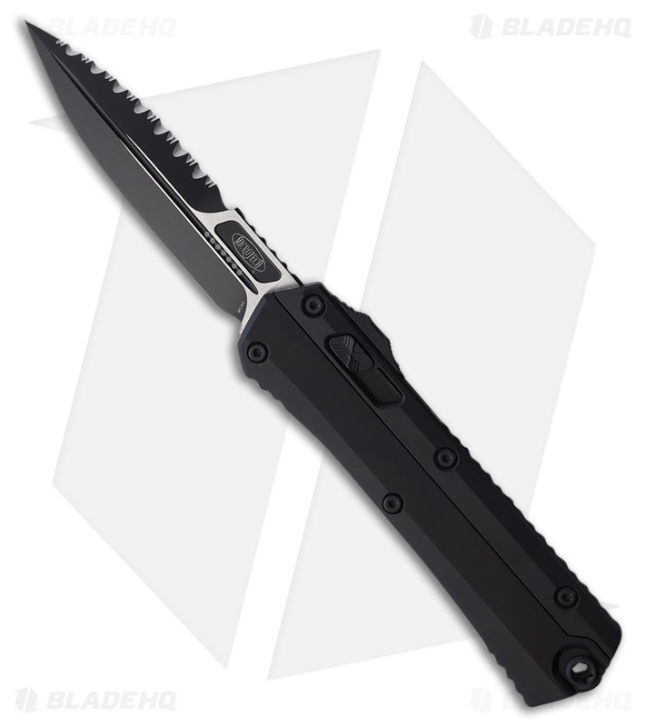 Microtech Glykon D/E OTF Automatic Knife Black Aluminum/Ti (3.75" Two-Tone Serr)