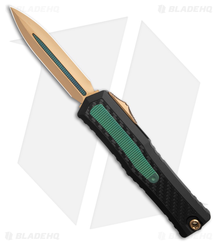 Microtech Atreus D/E OTF Automatic Knife Black Alloy/CF/Green Ti (4" PVD Bronze)