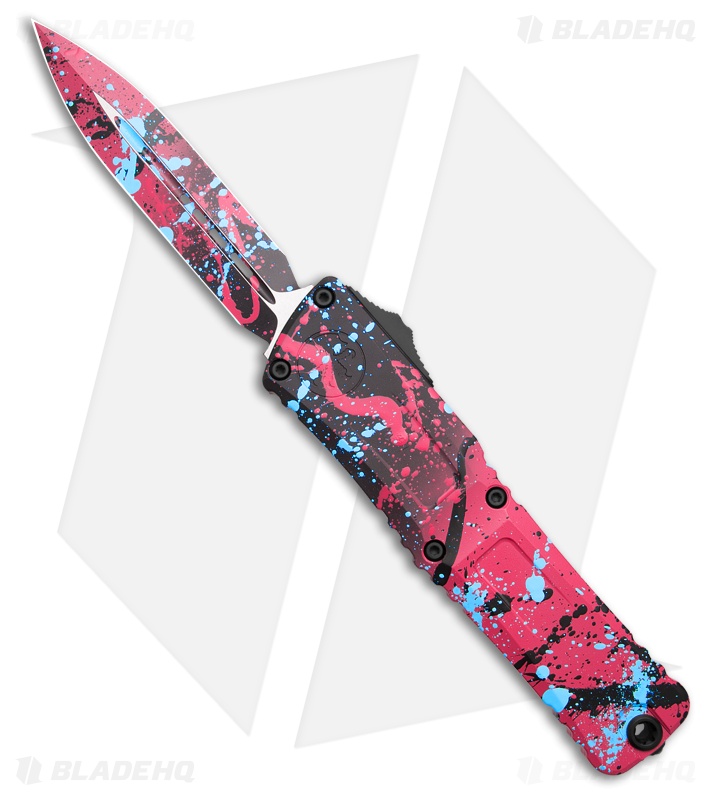 Microtech Combat Troodon Gen III D/E OTF Black/Pink Al (4" Blue Splatter)
