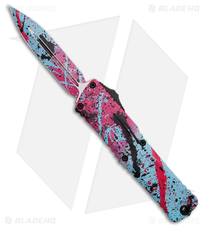 Microtech Combat Troodon Gen III D/E OTF Blue/Pink Al (4" Black Splatter)