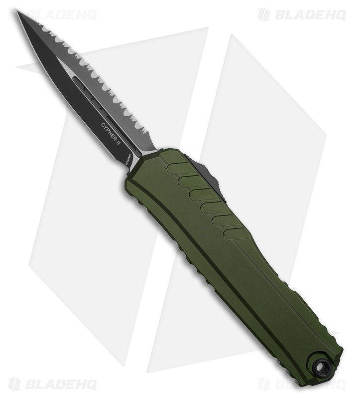 Microtech Cypher II D/E OTF Auto Knife OD Green Al (3.5" Two-Tone Full Serr)