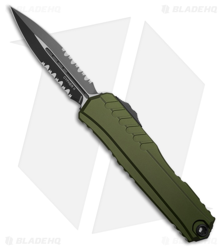 Microtech Cypher II D/E OTF Automatic Knife OD Green Al (3.5" Two-Tone Serr)