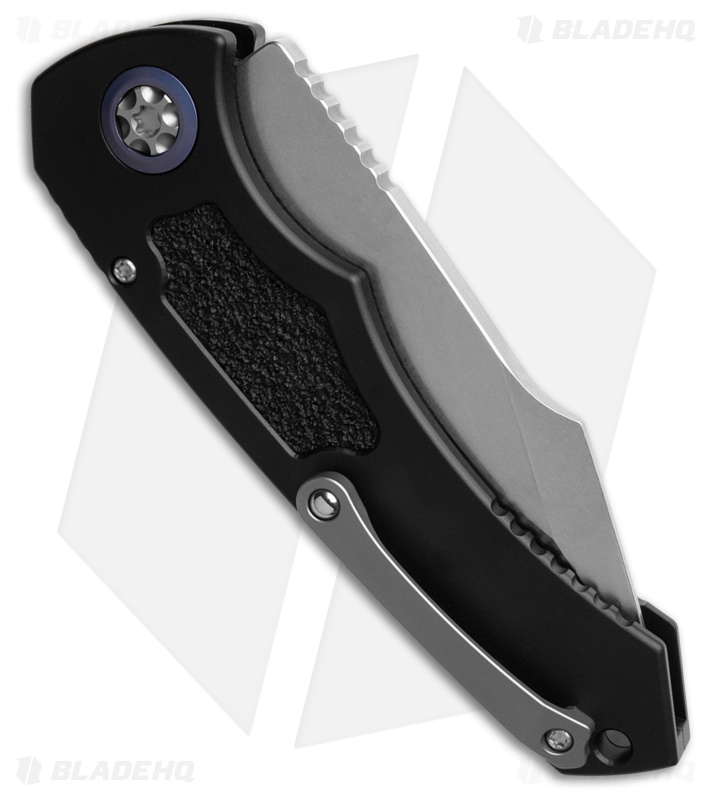 Heretic Knives Pariah Auto Knife Black Aluminum W/ Grip Inserts (3.8" Stonewash)
