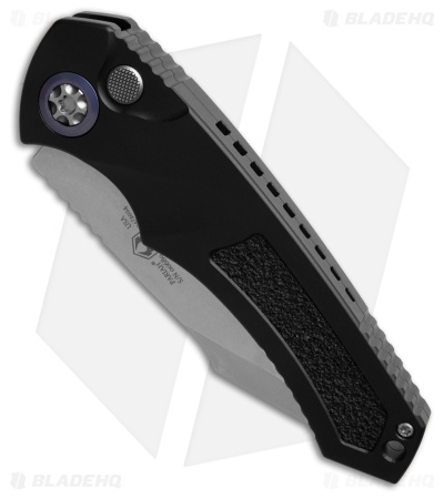 Heretic Knives Pariah Auto Knife Black Aluminum W/ Grip Inserts (3.8" Stonewash)