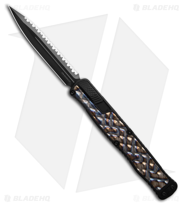 Heretic Cleric II D/E Auto Knife Black W/Flamed Titanium Inlay(4" DLC Serr)