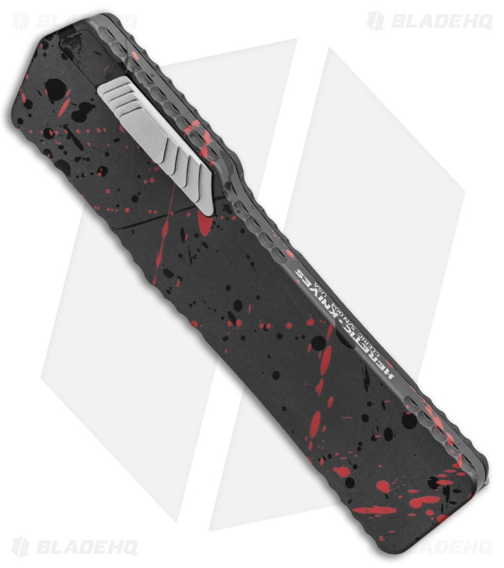 Heretic Knives Cleric Dagger OTF Knife Red Splash/Carbon Fiber (3.5" Stonewash)