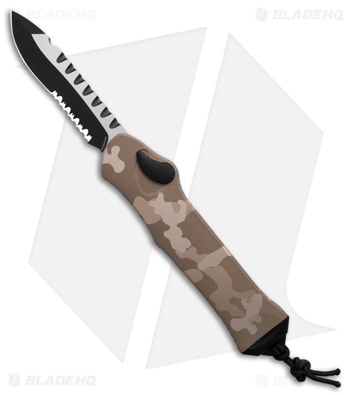 Heretic Knives Hydra Recurve S/A OTF Auto Knife Tan Camo (3.6" Two-Tone Serr)